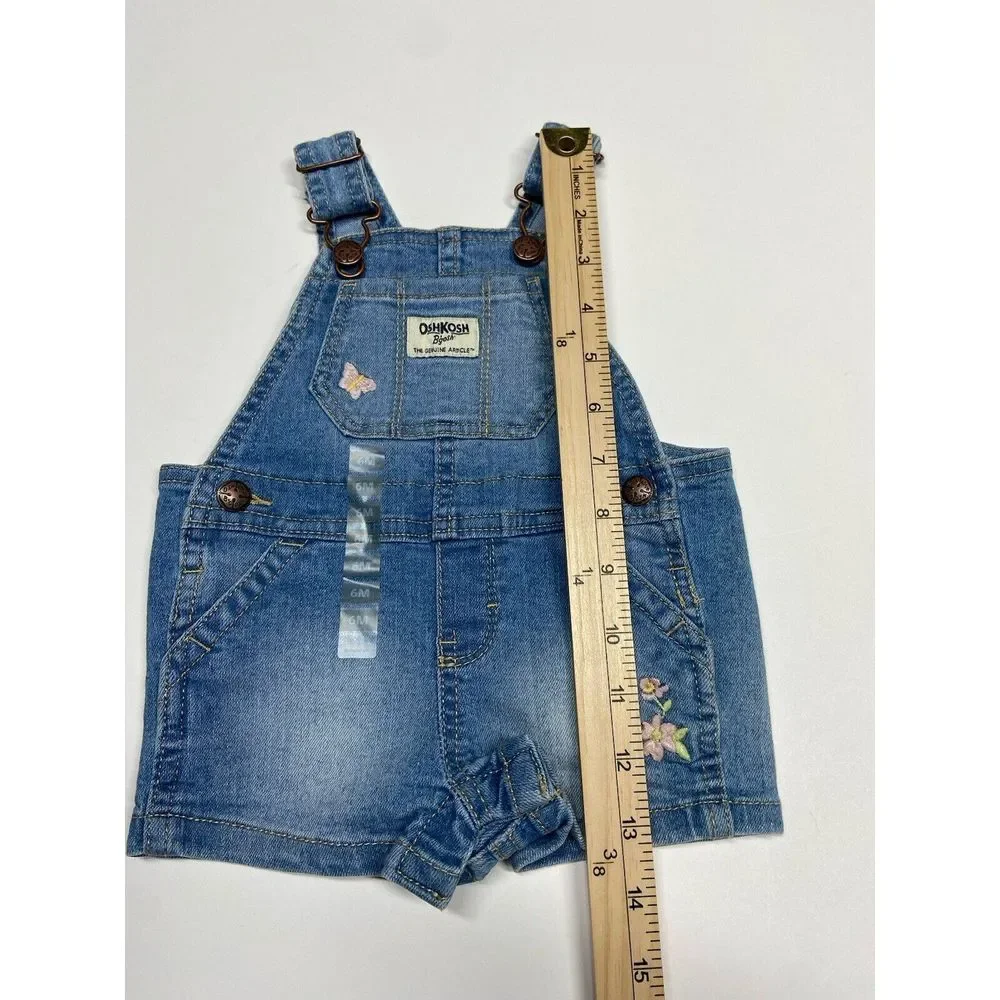 Oshkosh B'Gosh Girls‎ 6M Jean Short Overalls V-Back Floral Embroidery Light Blue